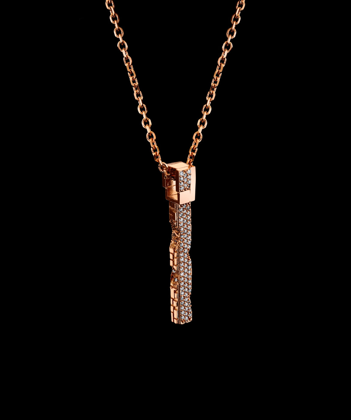 Eroded Architecture 18k Rose Gold Large Bar Necklace with pavé set round brilliant diamonds.  Edition of 30.
