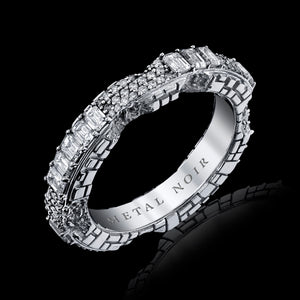 Eroded Collection 18k White Gold ring with 10 point emerald cut + pave round brilliant diamonds 