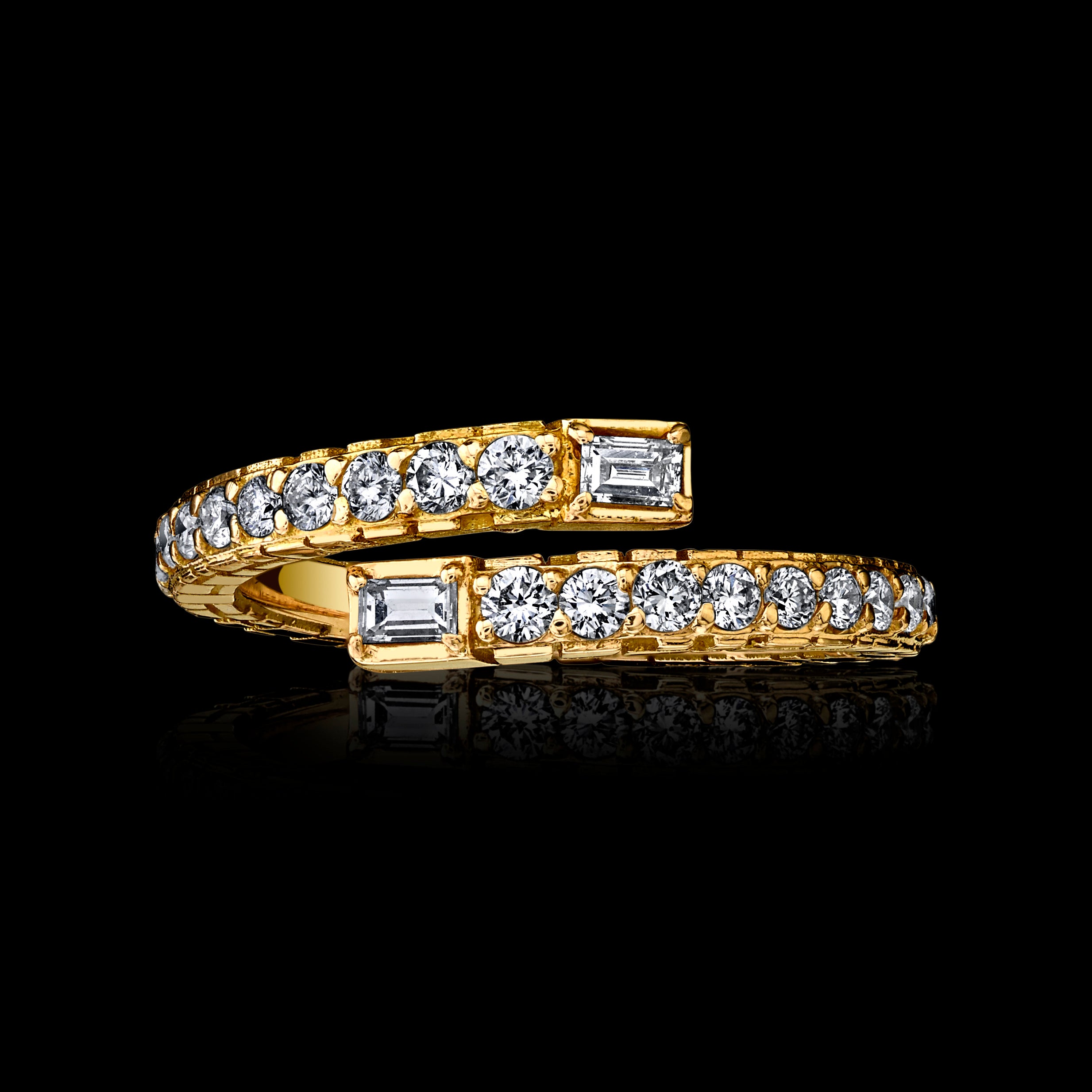 Spiral Collection 18k Gold Half Spiral Ring with 5 point matching Baguette Diamonds