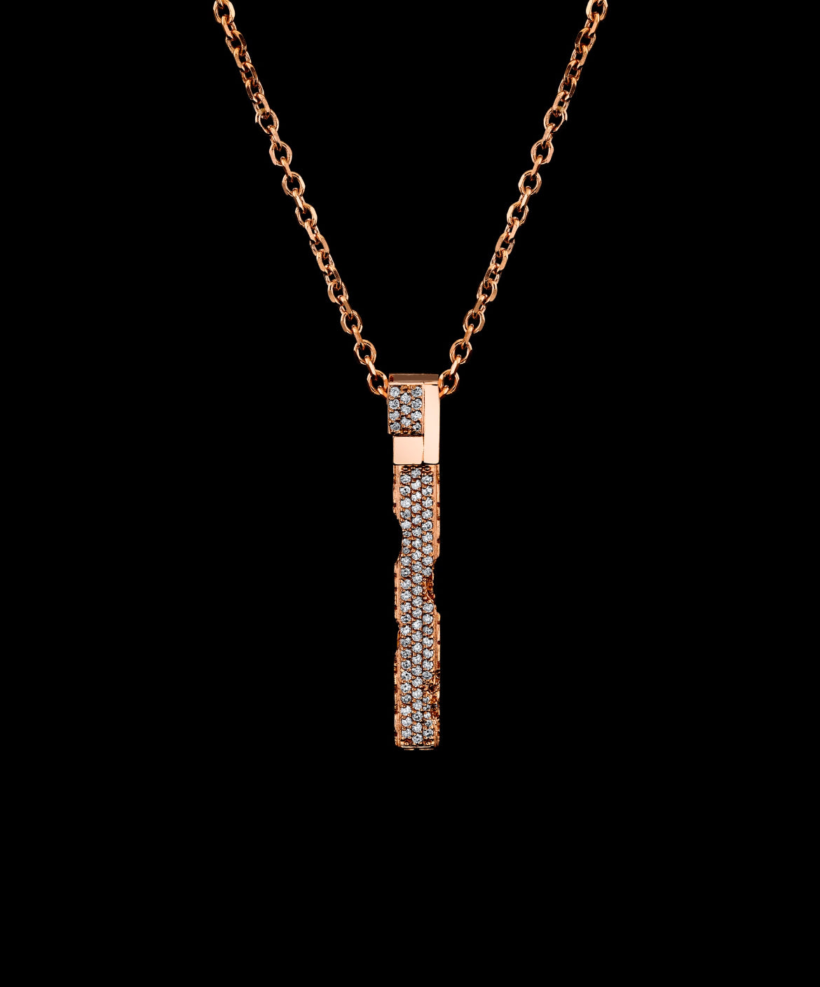 Eroded Architecture 18k Rose Gold Large Bar Necklace with pavé set round brilliant diamonds.  Edition of 30.