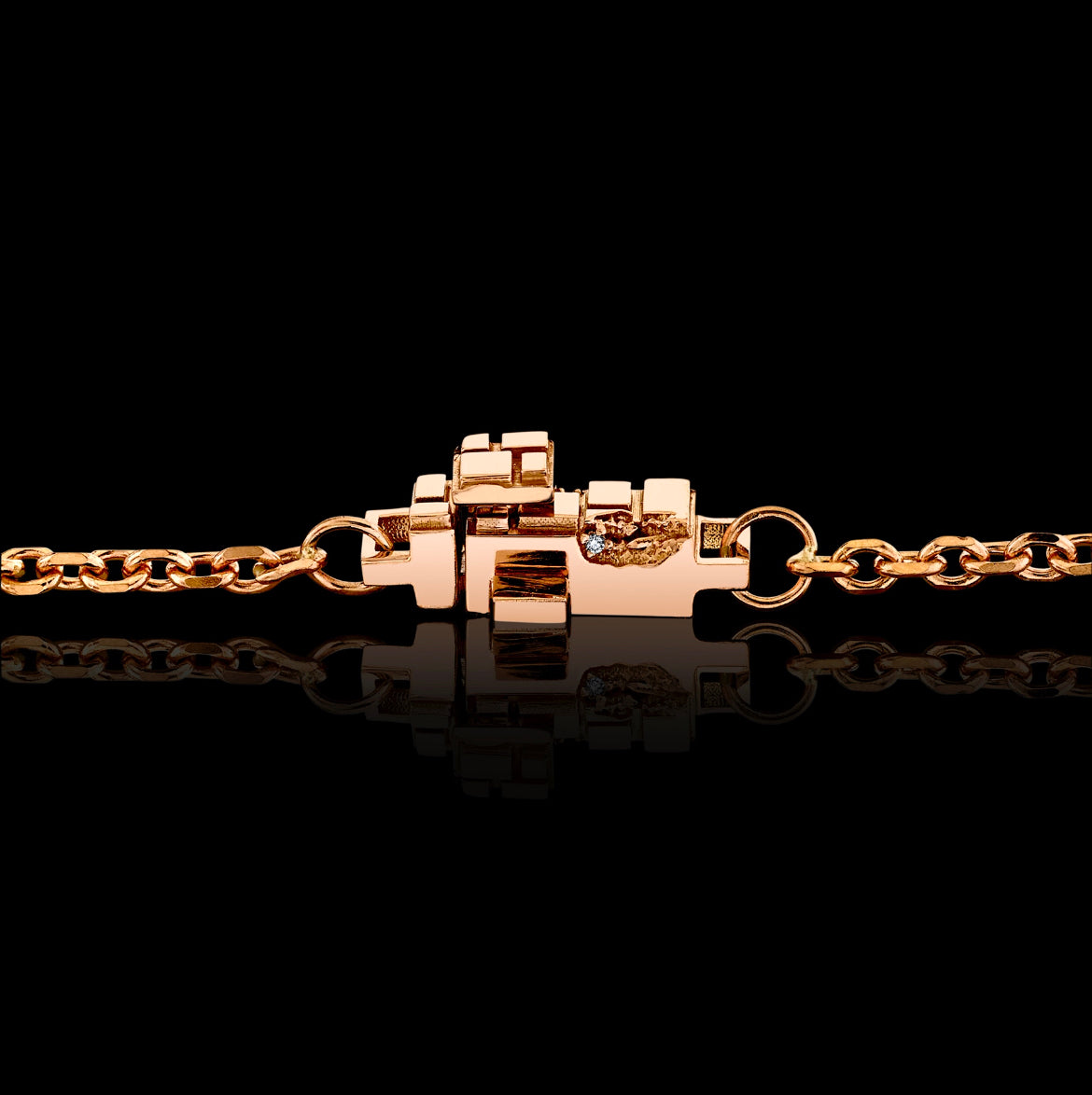 Eroded Architecture 18k Rose Gold Large Bar Necklace with pavé set round brilliant diamonds.  Edition of 30.