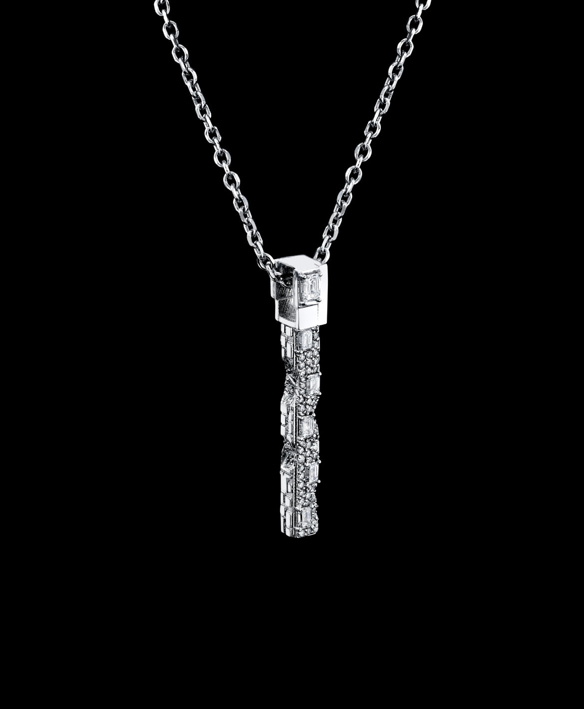 Eroded Architecture 18k White Gold Large Bar Necklace with 10 point emerald cut + round brilliant pave set diamonds.  Edition of 10.