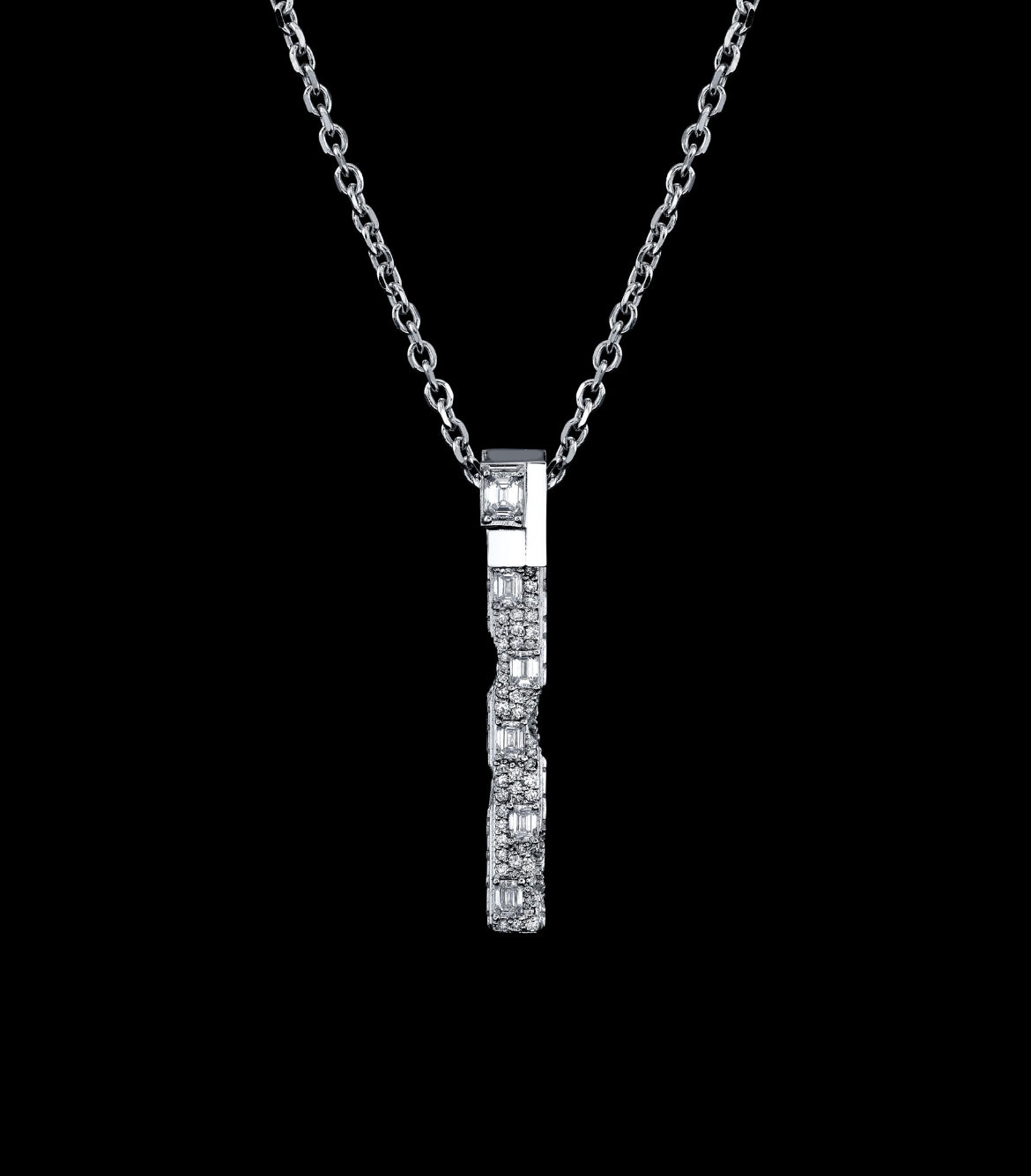 Eroded Architecture 18k White Gold Large Bar Necklace with 10 point emerald cut + round brilliant pave set diamonds.  Edition of 10.