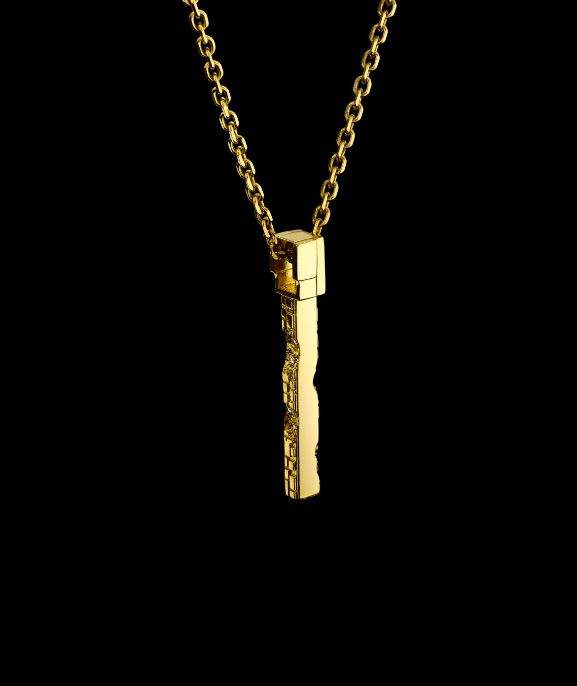 Eroded Architecture 18k Yellow Gold Large Bar Necklace with round brilliant diamonds.  Edition of 50.